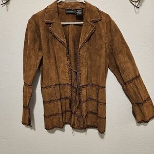VTG Outbrook Suede Leather Jacket Brown Medium Boho Whipstitch Tie Western Med